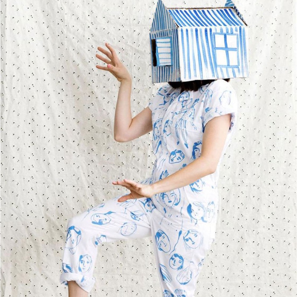 My Little Belleville faces jumpsuit in blue and white size small